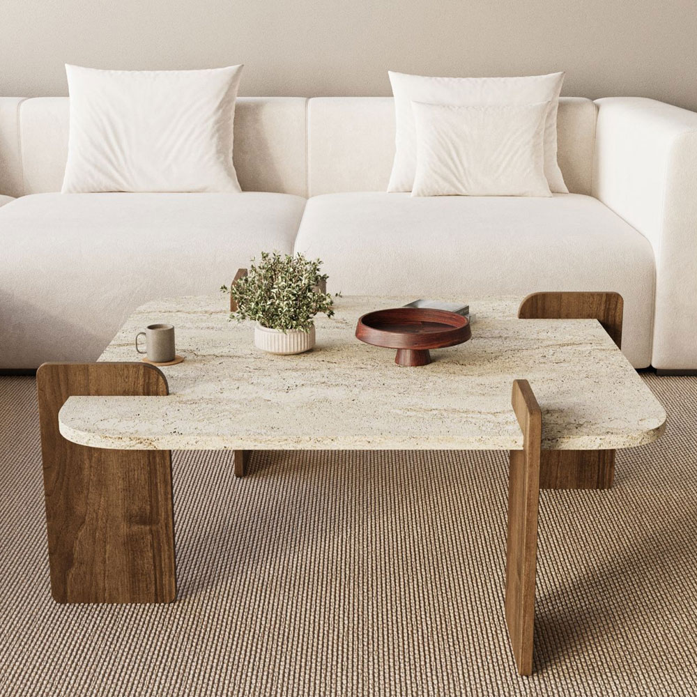 Afrolli Wooden Square Wooden Coffee Table in Walnut and Travertine Marble Effect