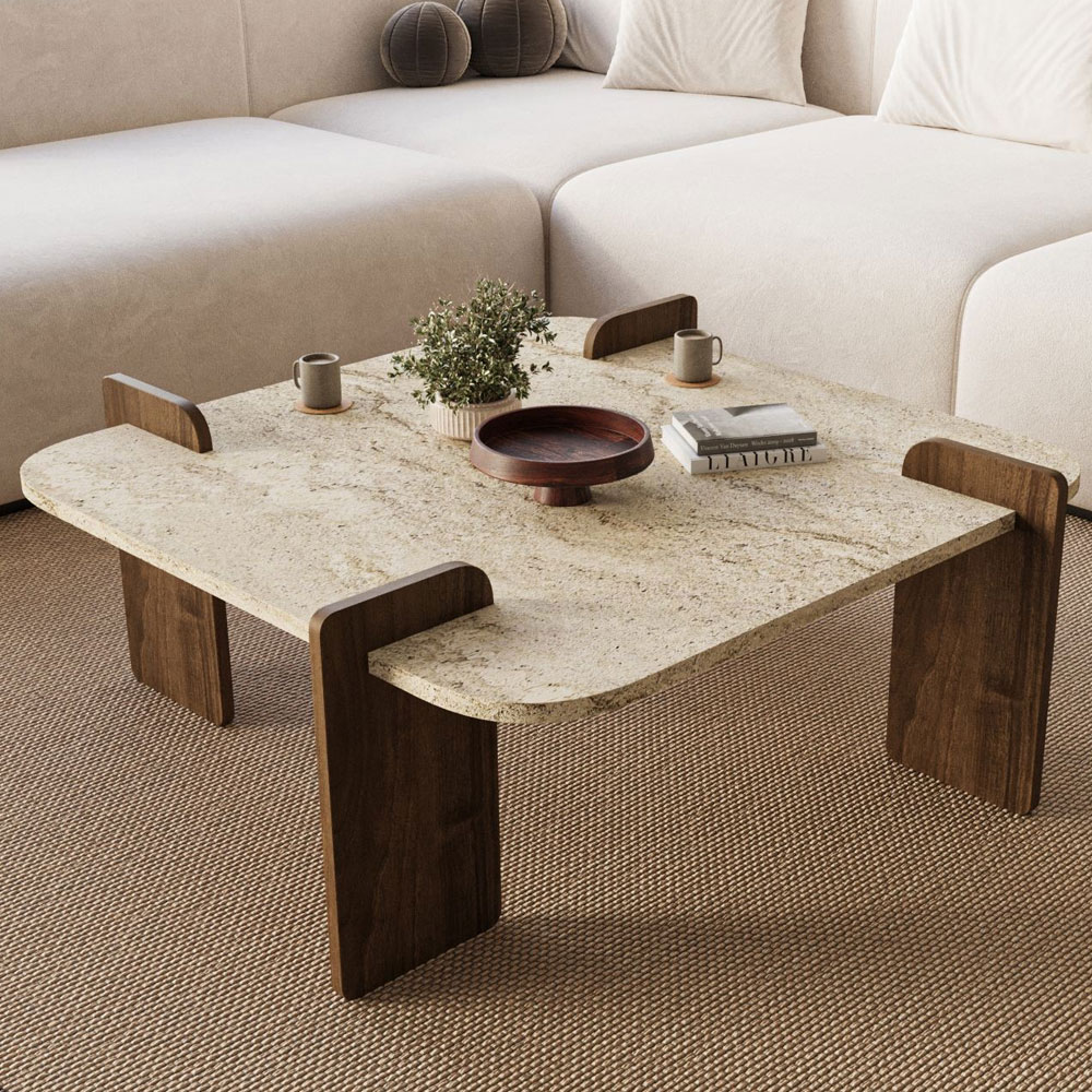 Afrolli Wooden Square Wooden Coffee Table in Walnut and Travertine Marble Effect