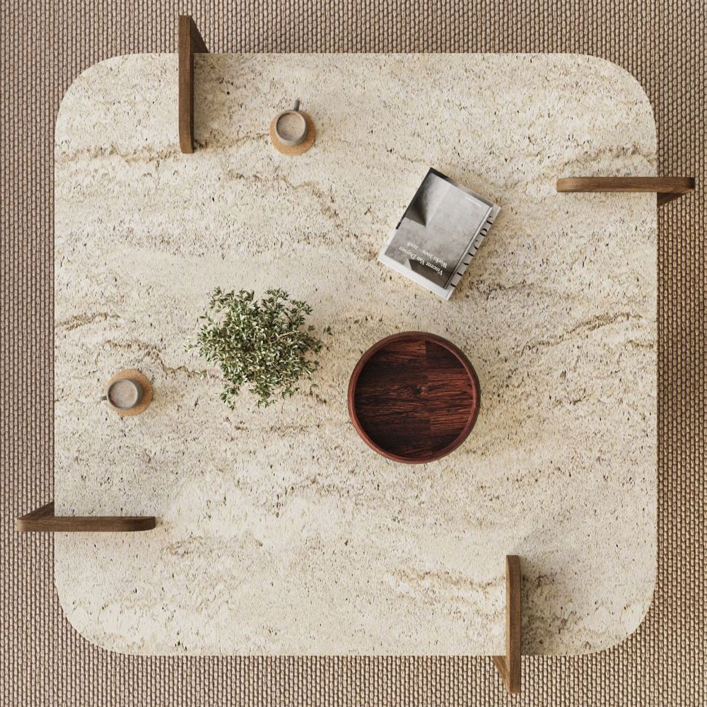 Afrolli Wooden Square Wooden Coffee Table in Walnut and Travertine Marble Effect