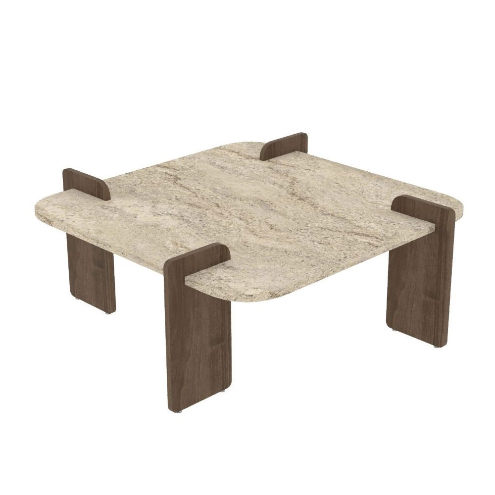 Afrolli Wooden Square Wooden Coffee Table in Walnut and Travertine Marble Effect