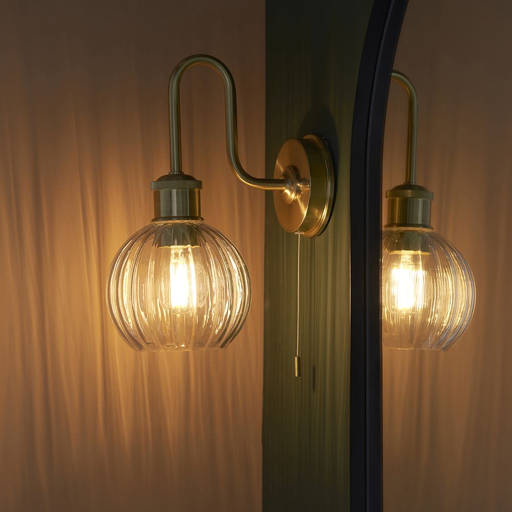 Afton Clear Ribbed Glass Shade Bathroom Wall Light In Brass