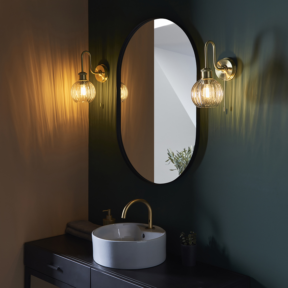 Afton Clear Ribbed Glass Shade Bathroom Wall Light In Brass