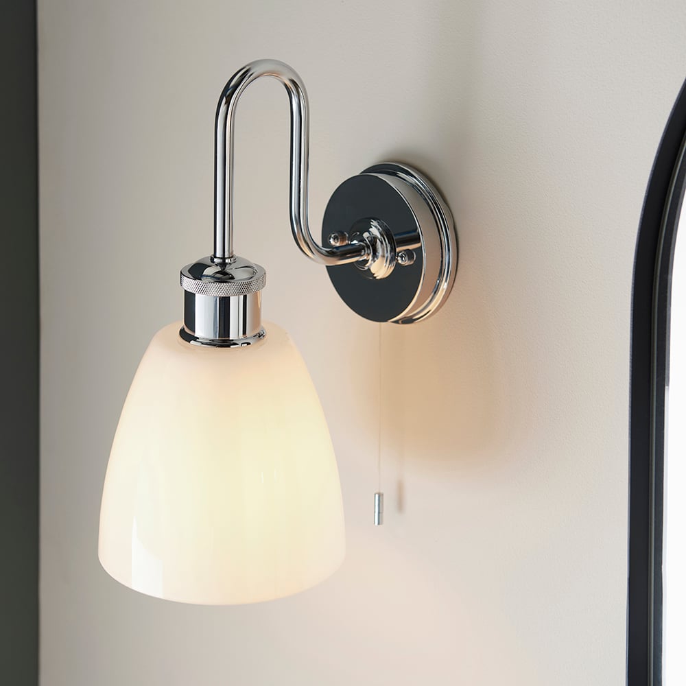 Afton Gloss Opal Glass Shade Bathroom Wall Light In Chrome