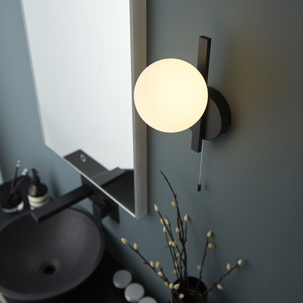 Afton Matt Opal Glass Shade Bathroom Wall Light In Black