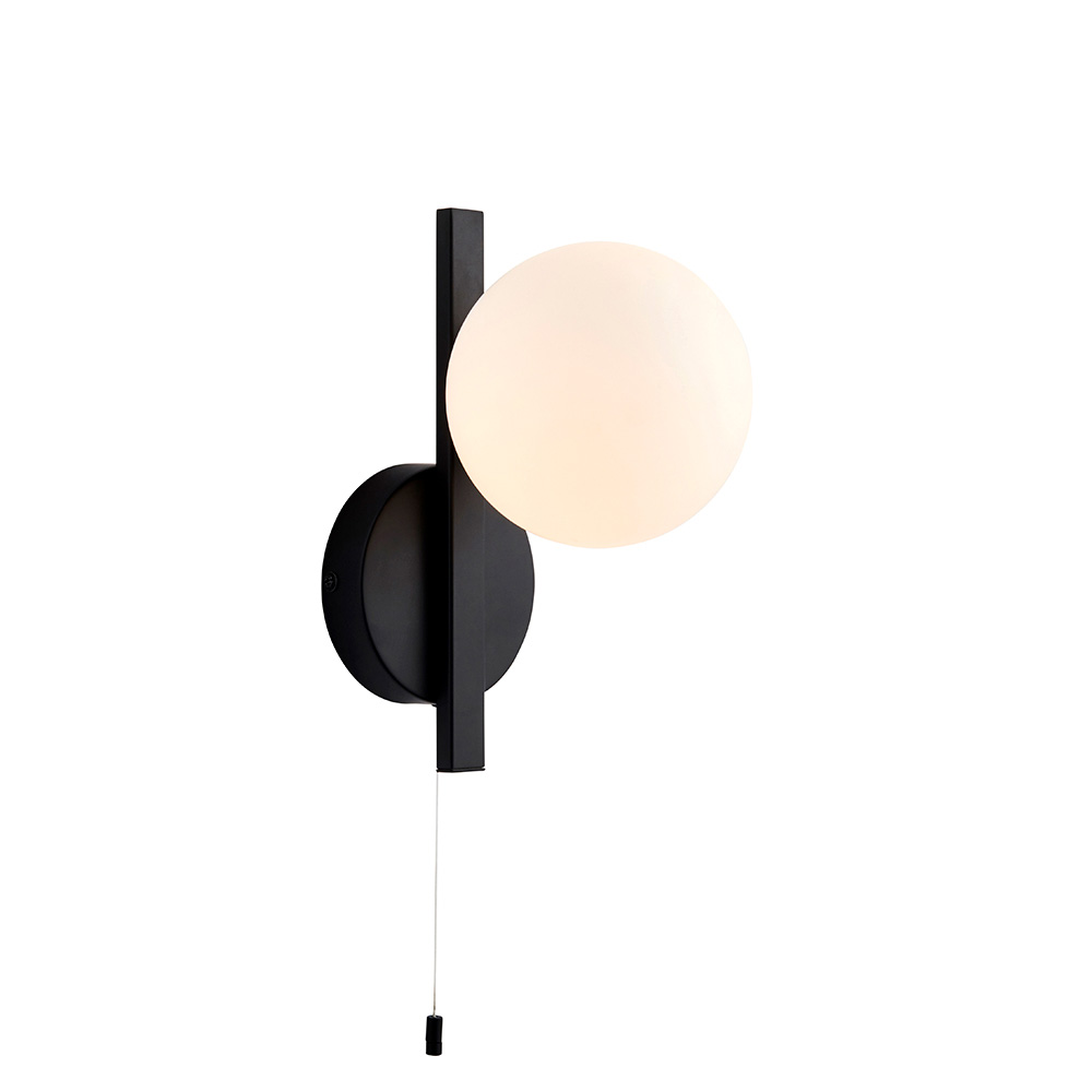 Afton Matt Opal Glass Shade Bathroom Wall Light In Black
