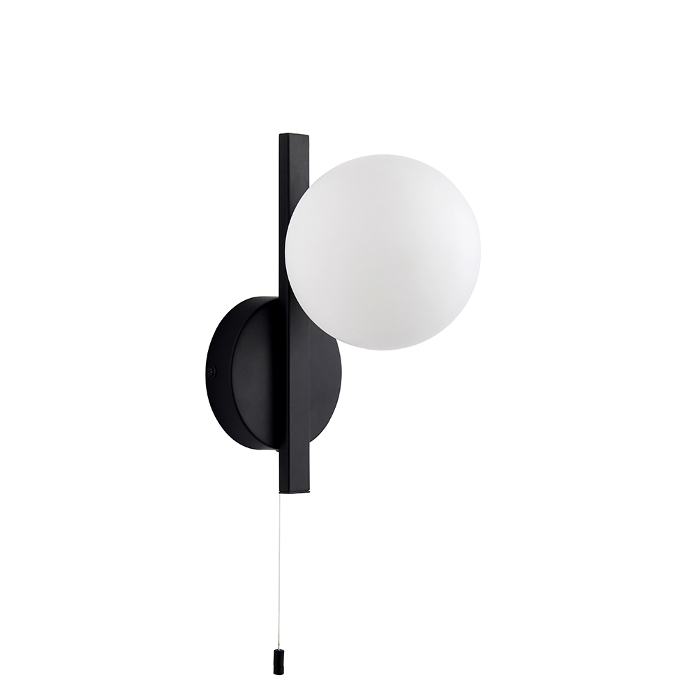 Afton Matt Opal Glass Shade Bathroom Wall Light In Black