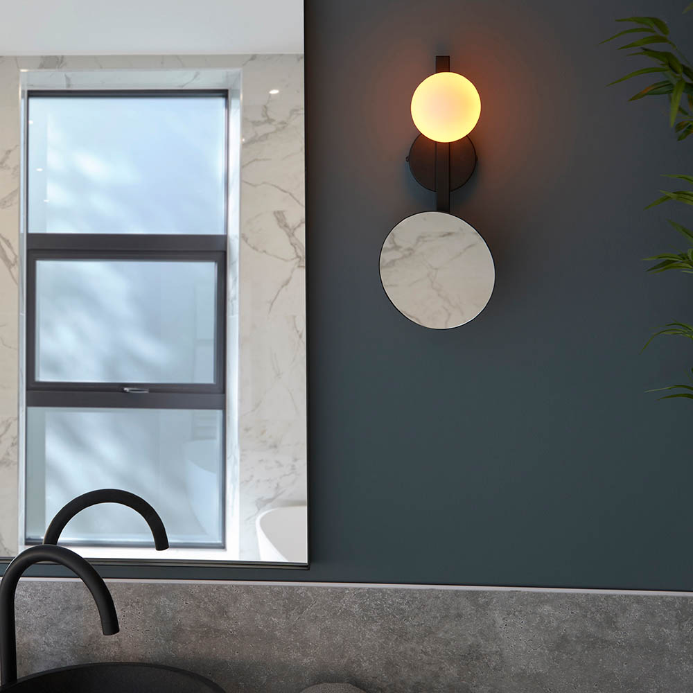 Afton Opal Glass Shade Bathroom Wall Light With Mirror In Black