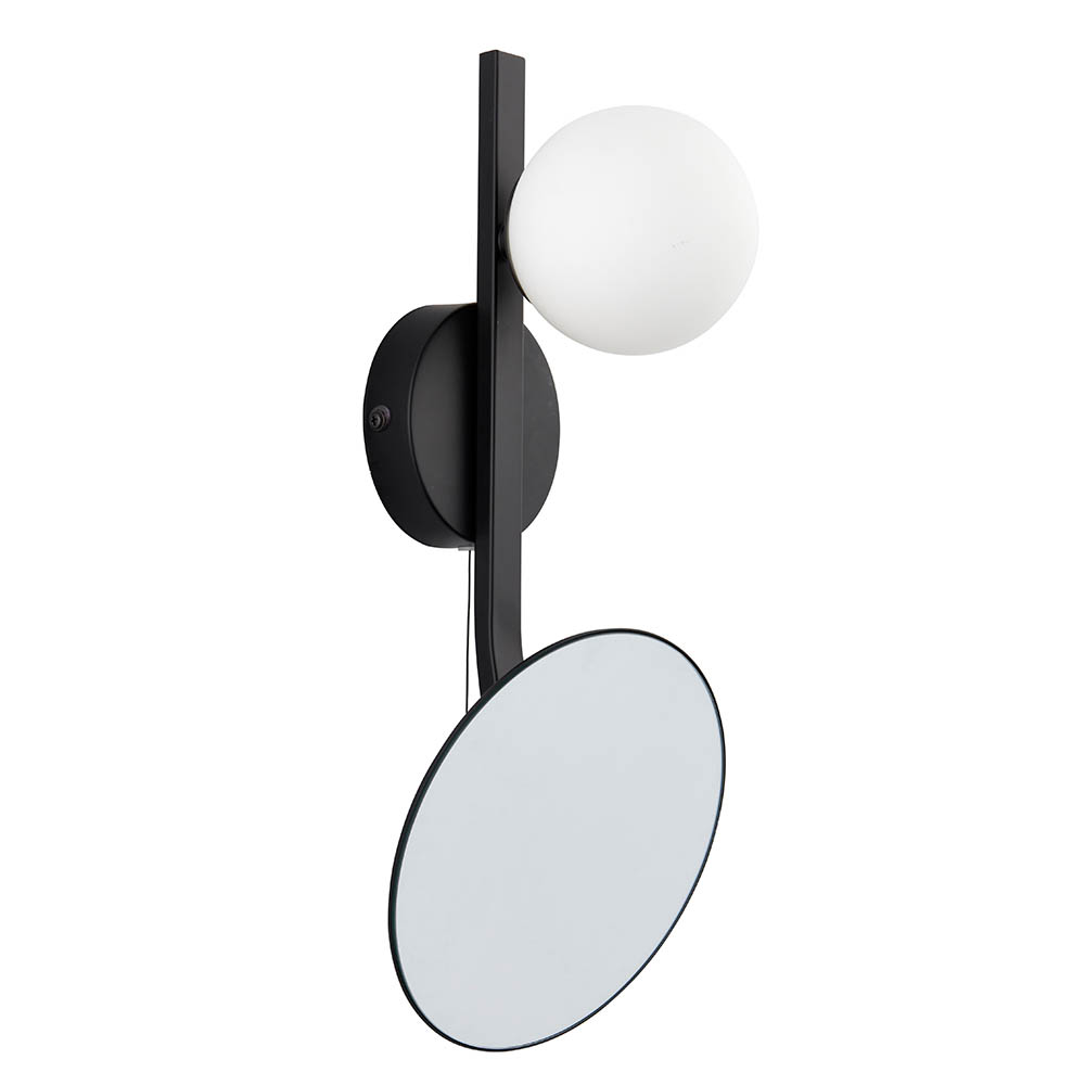 Afton Opal Glass Shade Bathroom Wall Light With Mirror In Black