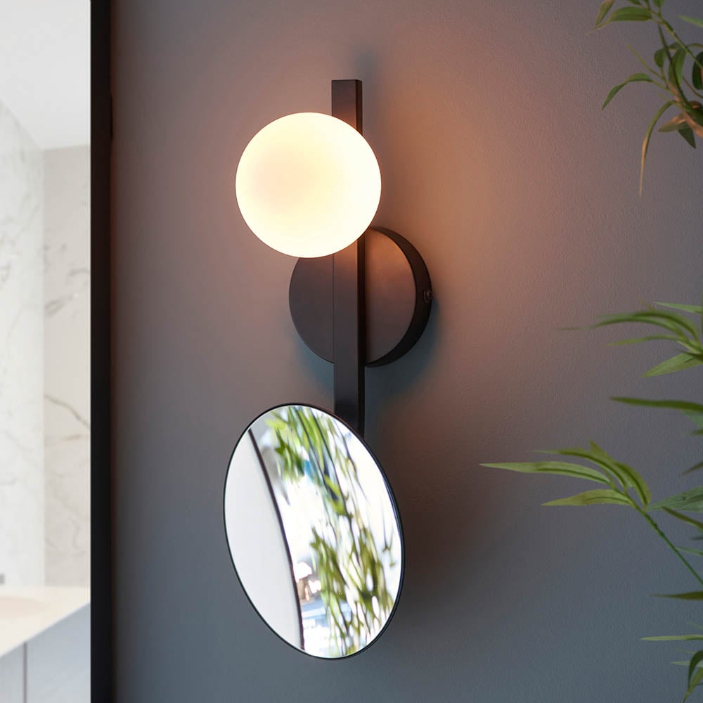Read more about Afton opal glass shade bathroom wall light with mirror in black