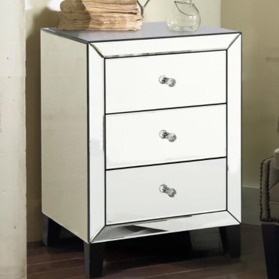 Product photograph of Agalia Mirrored Bedside Cabinet With 3 Drawers In Silver from Furniture in Fashion