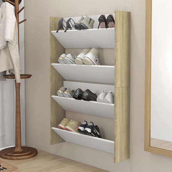 Read more about Agim wooden shoe storage rack with 4 shelves in white oak