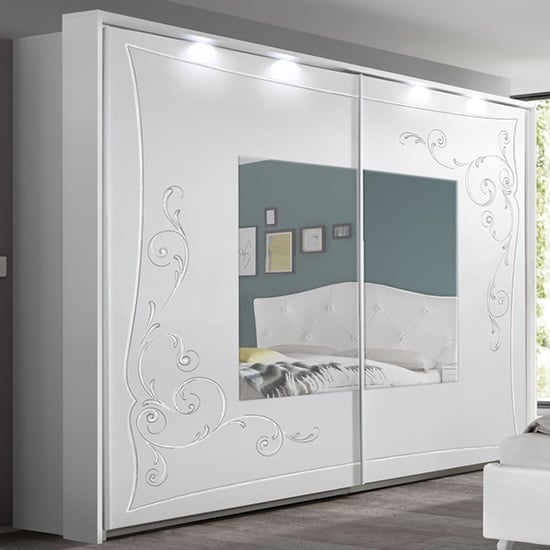 Read more about Agio led mirroed wooden wardrobe in serigraphed white