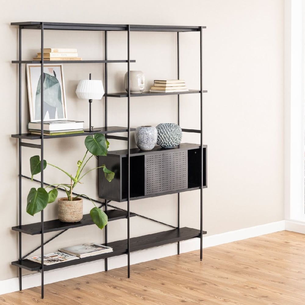 Read more about Agoura wooden bookcase with 1 door and 5 shelves in black