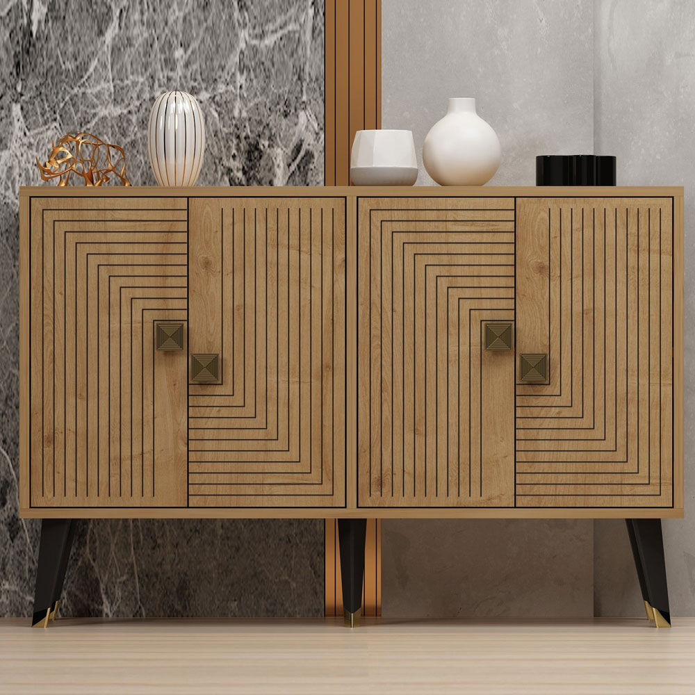 Ahart Wooden Sideboard with 4 Doors in Sapphire Oak and Gold