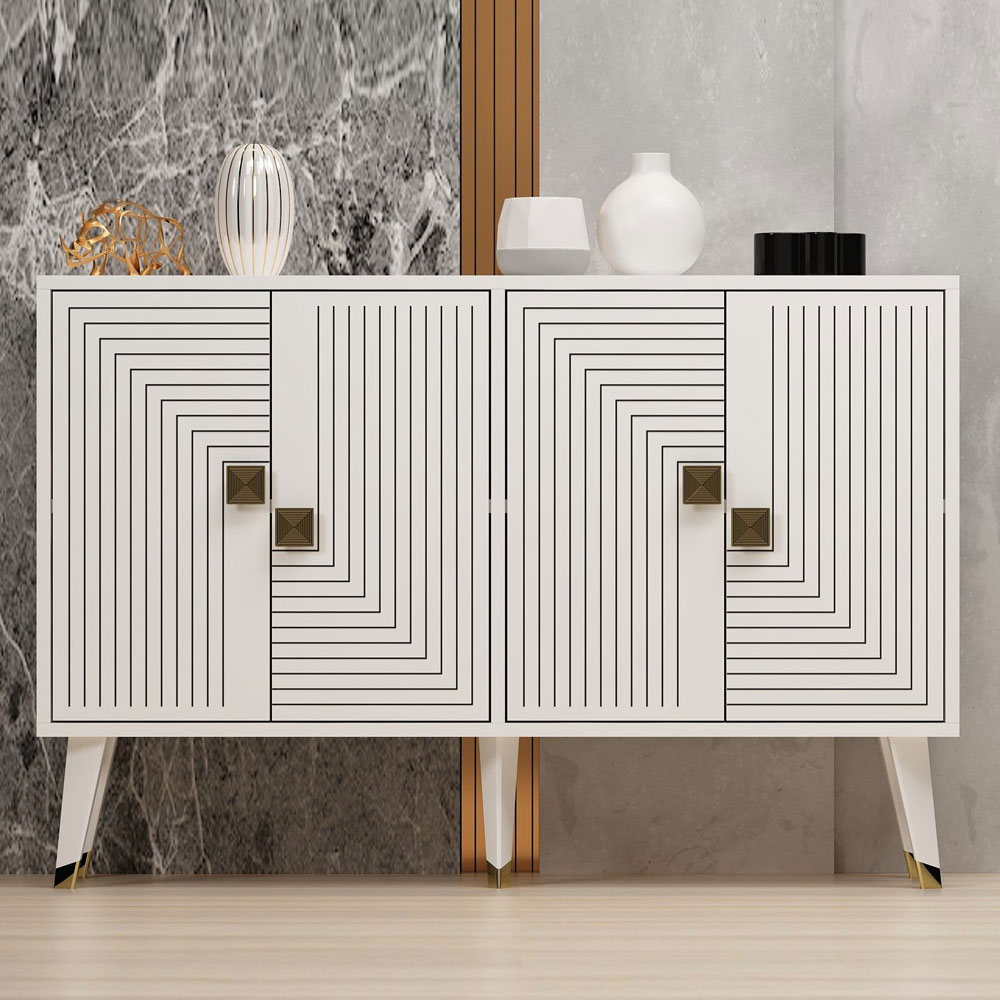 Ahart Wooden Sideboard with 4 Doors in White and Gold