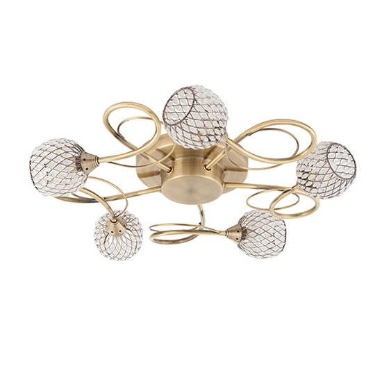 Aherne 5 Lights Glass Semi Flush Ceiling Light In Antique Brass