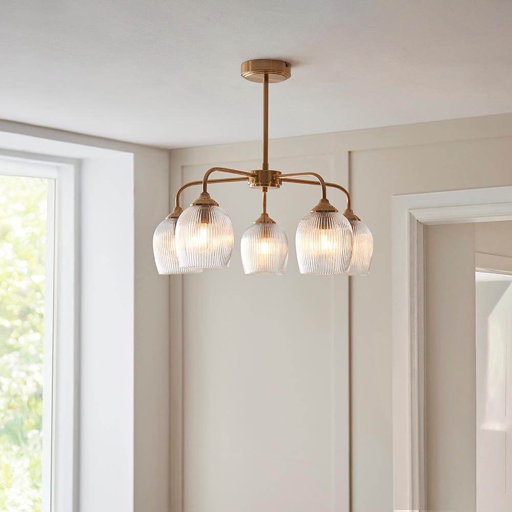 Aiken 5 Light Ribbed Glass Ceiling Light In Brushed Aged Brass
