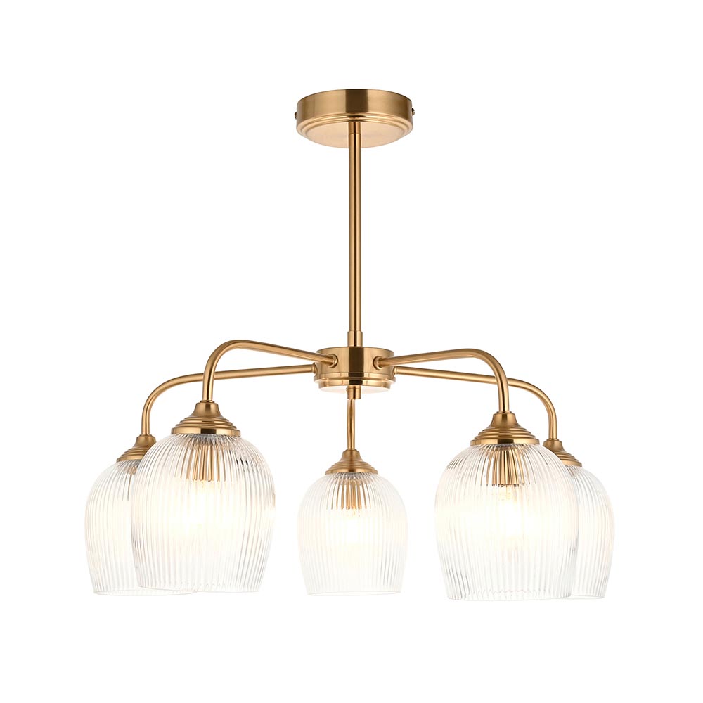 Aiken 5 Light Ribbed Glass Ceiling Light In Brushed Aged Brass