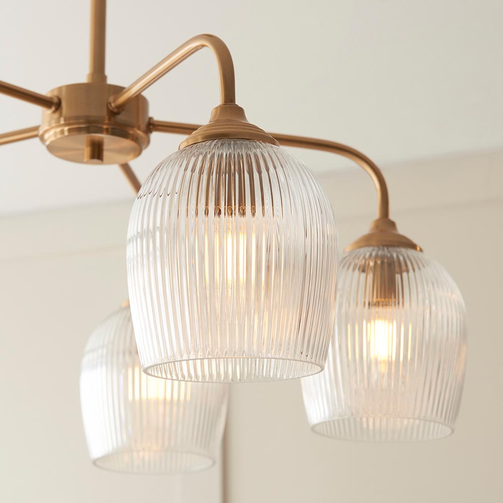 Aiken 5 Light Ribbed Glass Ceiling Light In Brushed Aged Brass