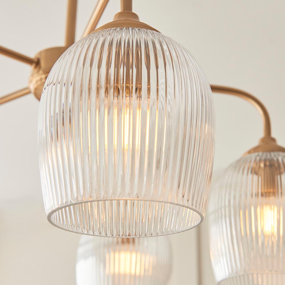 Aiken 5 Light Ribbed Glass Ceiling Light In Brushed Aged Brass