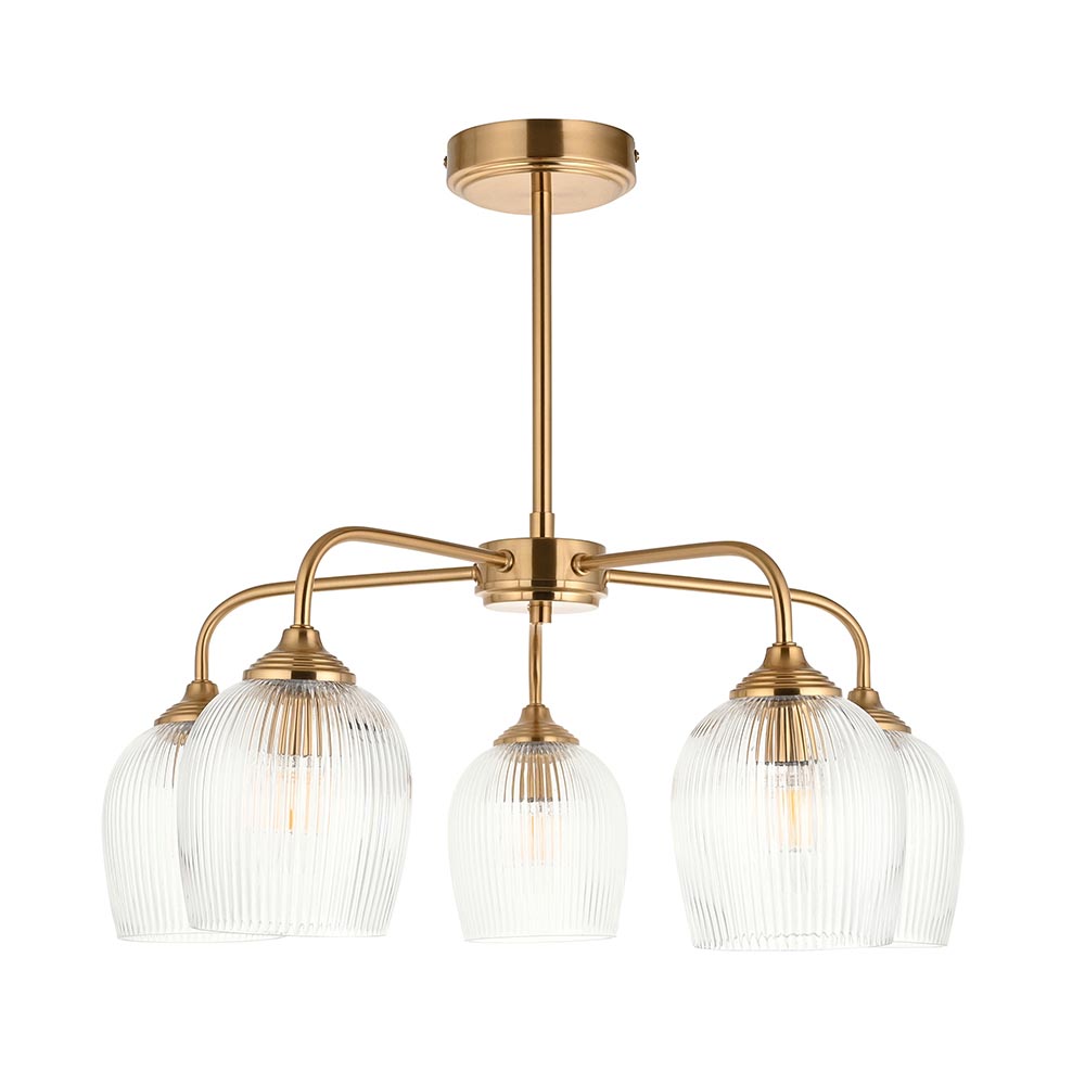 Aiken 5 Light Ribbed Glass Ceiling Light In Brushed Aged Brass