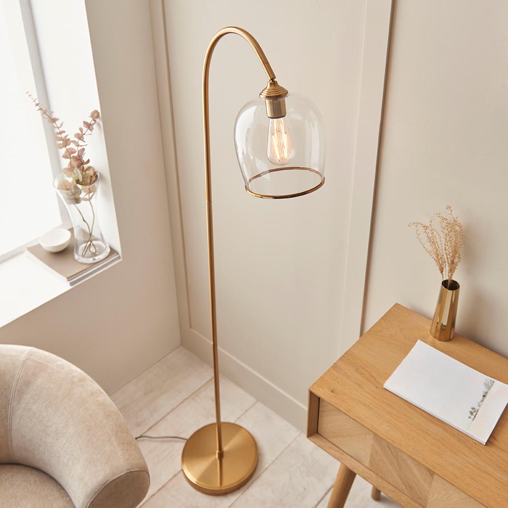 Aiken Clear Glass Floor Lamp In Brushed Aged Brass
