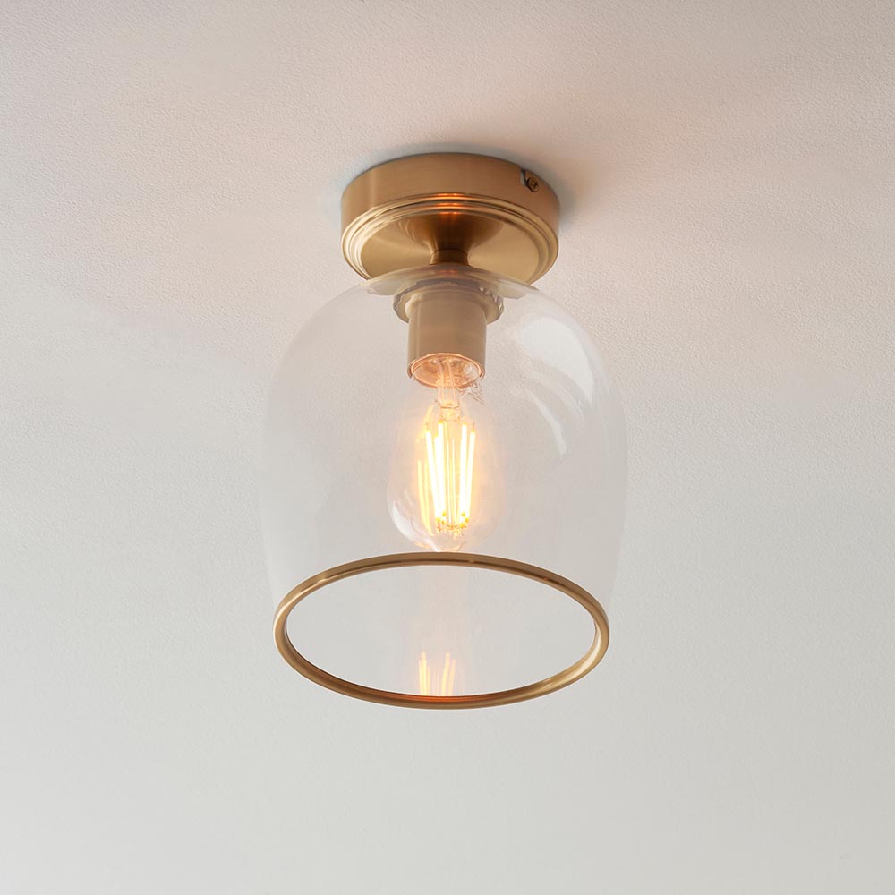 Aiken Clear Glass Flush Ceiling Light In Brushed Aged Brass