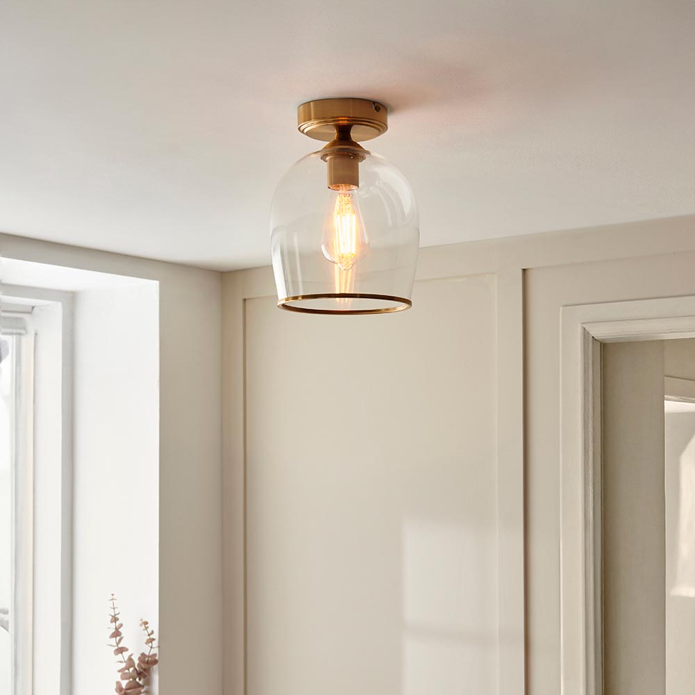 Aiken Clear Glass Flush Ceiling Light In Brushed Aged Brass