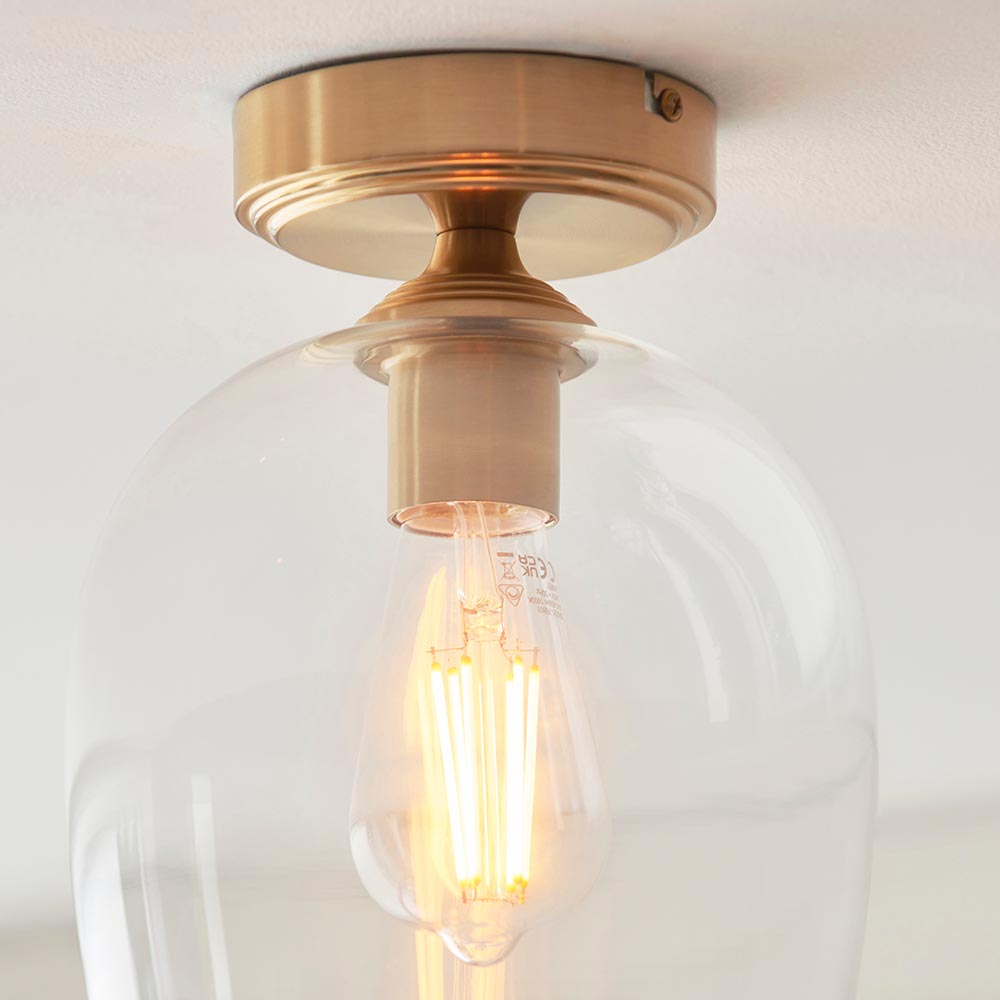 Aiken Clear Glass Flush Ceiling Light In Brushed Aged Brass