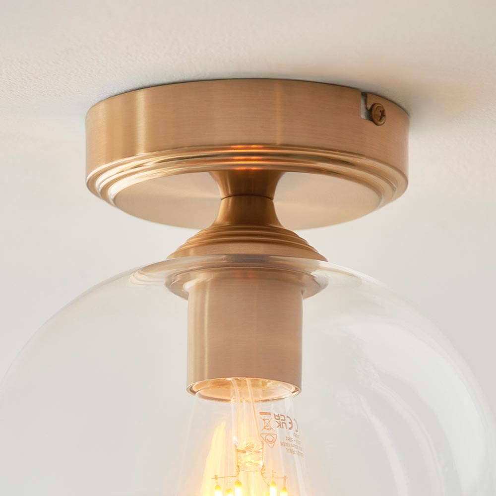 Aiken Clear Glass Flush Ceiling Light In Brushed Aged Brass