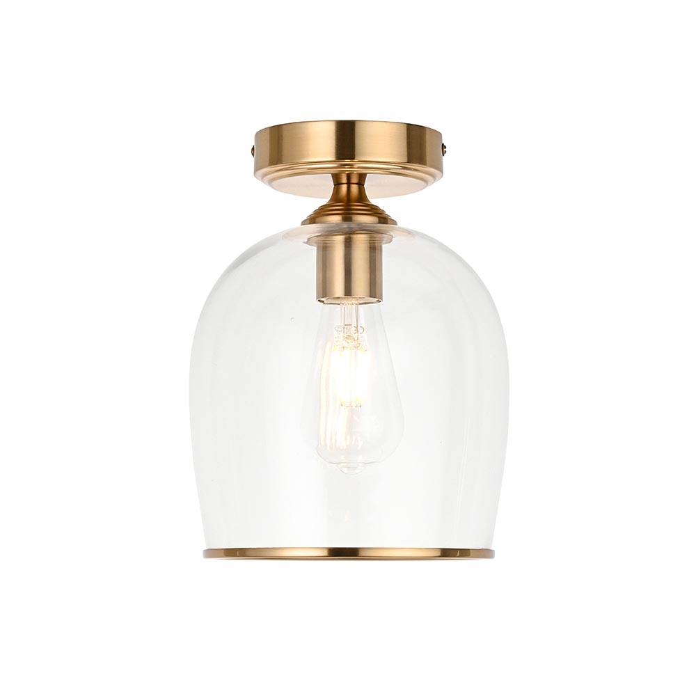 Aiken Clear Glass Flush Ceiling Light In Brushed Aged Brass