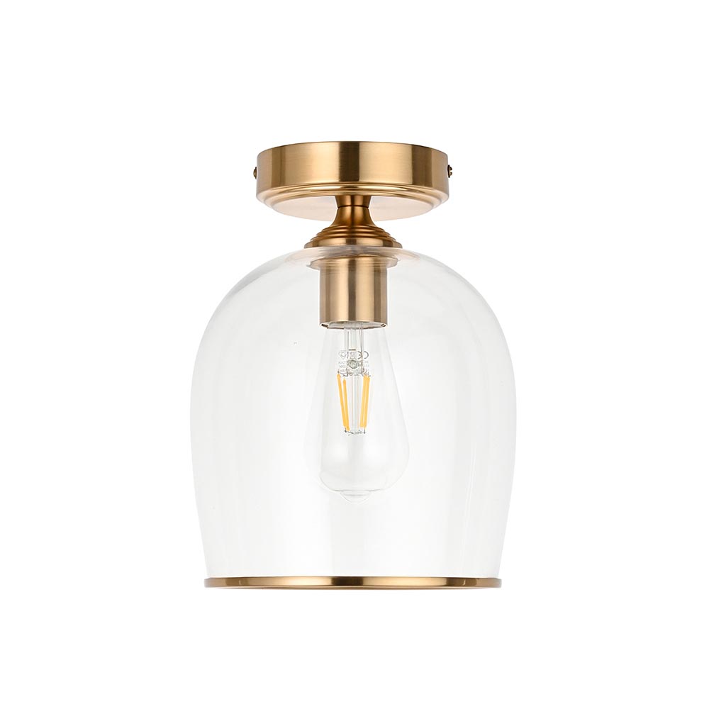 Aiken Clear Glass Flush Ceiling Light In Brushed Aged Brass
