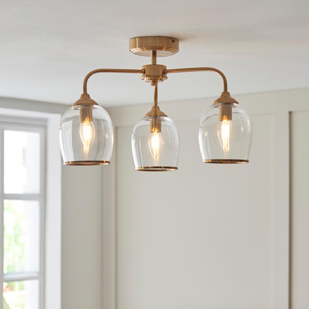 Aiken Clear Glass Semi Flush Ceiling Light In Brushed Aged Brass