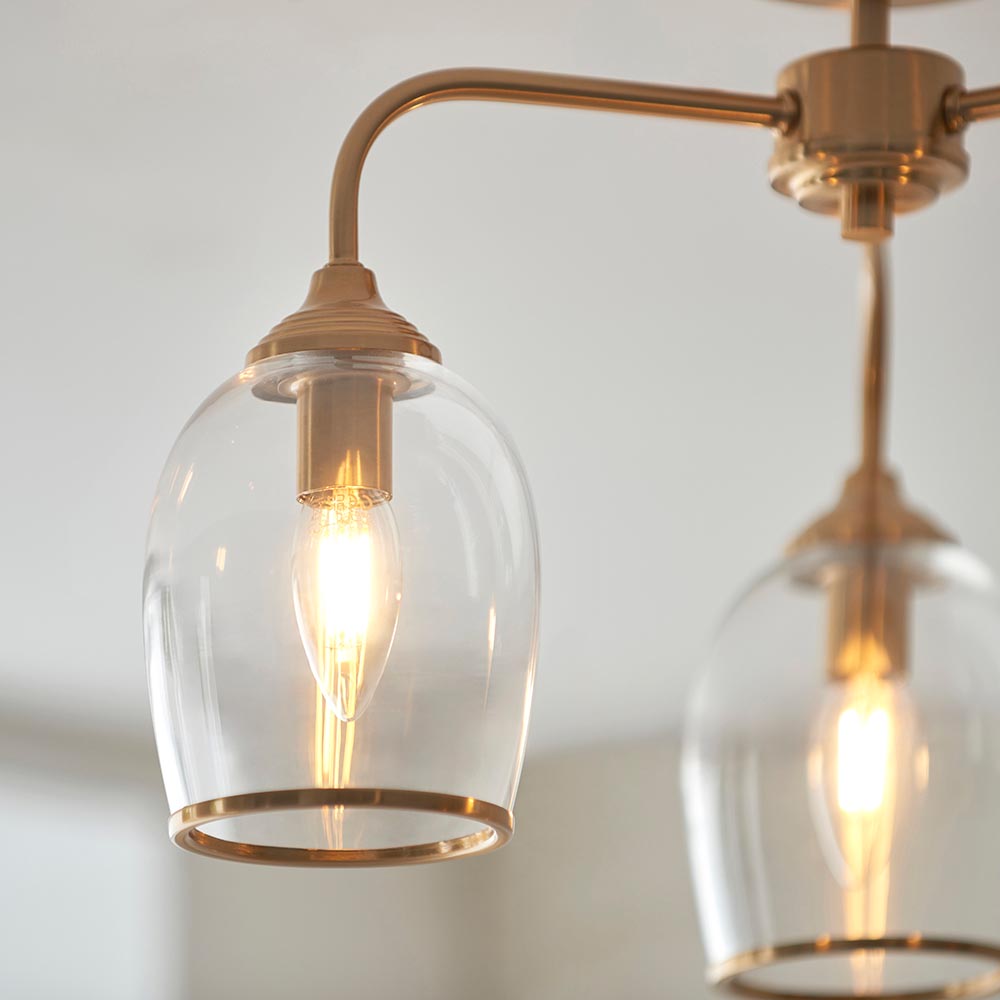 Aiken Clear Glass Semi Flush Ceiling Light In Brushed Aged Brass