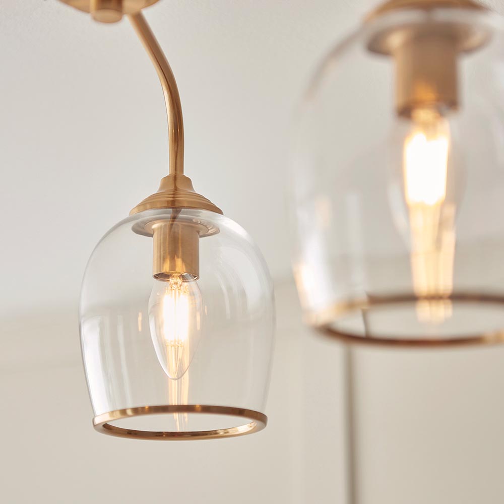 Aiken Clear Glass Semi Flush Ceiling Light In Brushed Aged Brass