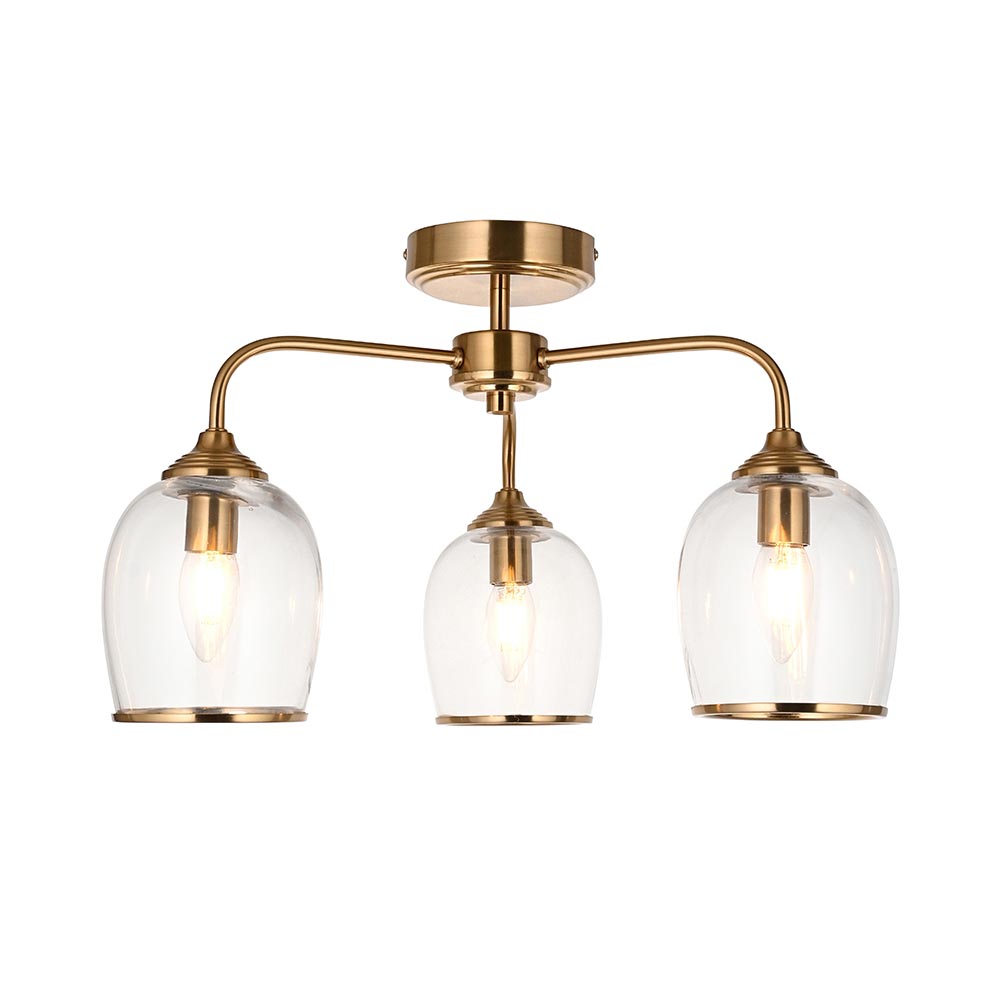 Aiken Clear Glass Semi Flush Ceiling Light In Brushed Aged Brass