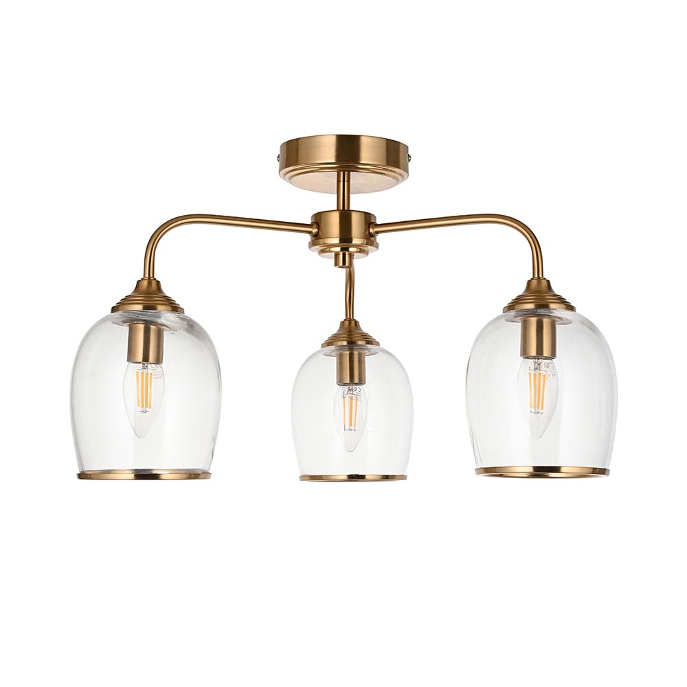 Aiken Clear Glass Semi Flush Ceiling Light In Brushed Aged Brass