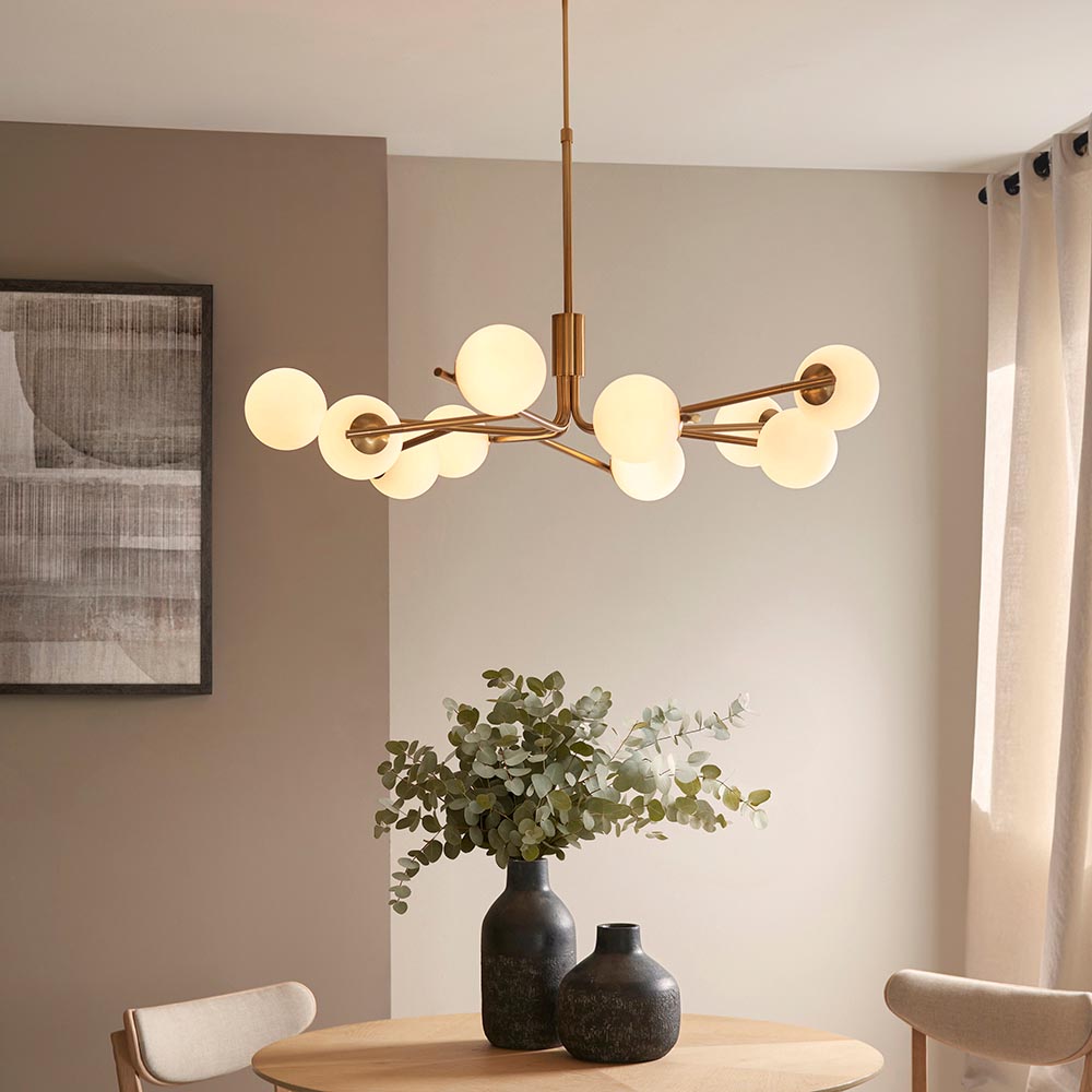 Aiken Glass 10 Light Pendent Ceiling Light In Brushed Aged Brass