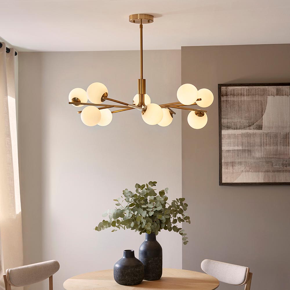 Aiken Glass 10 Light Pendent Ceiling Light In Brushed Aged Brass