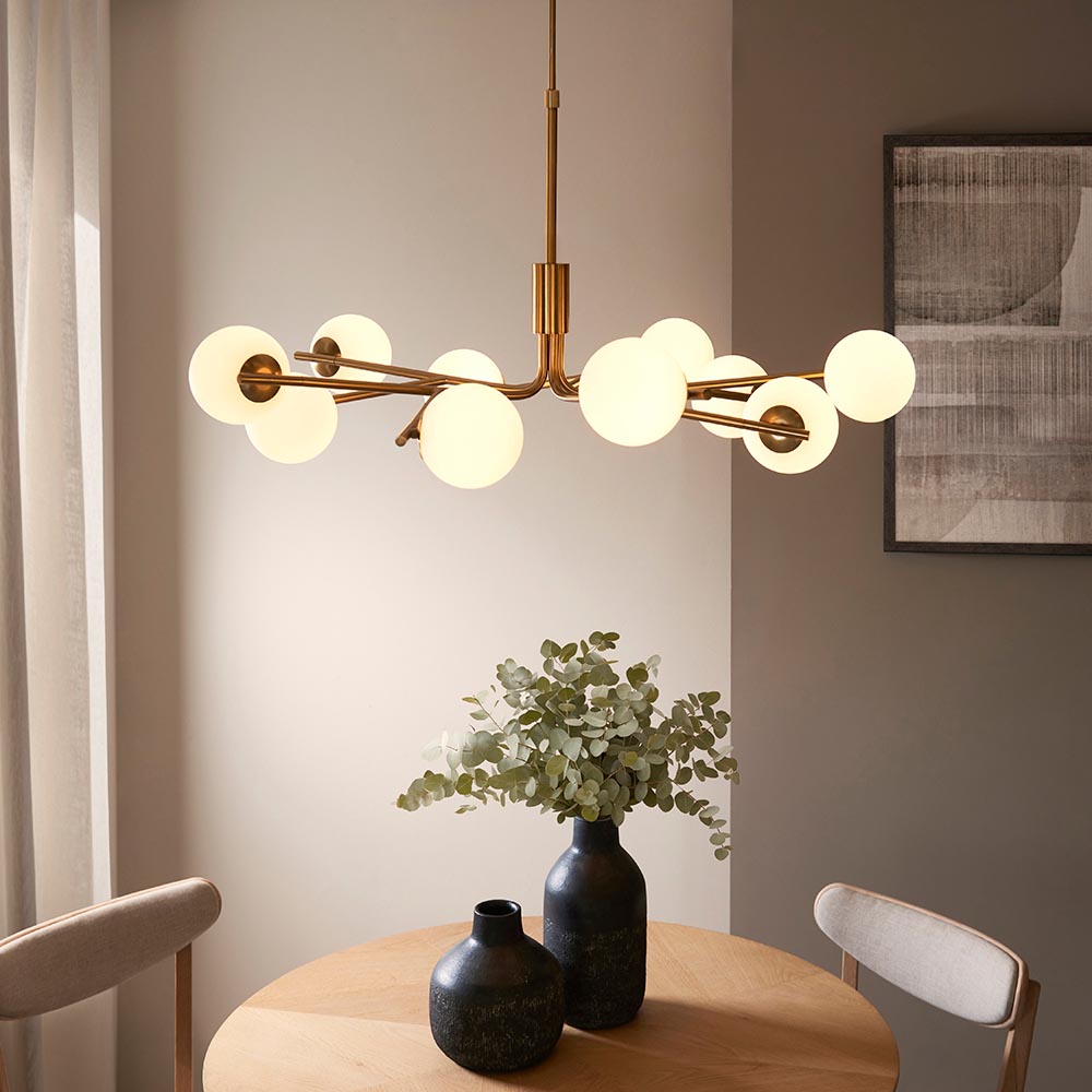 Aiken Glass 10 Light Pendent Ceiling Light In Brushed Aged Brass