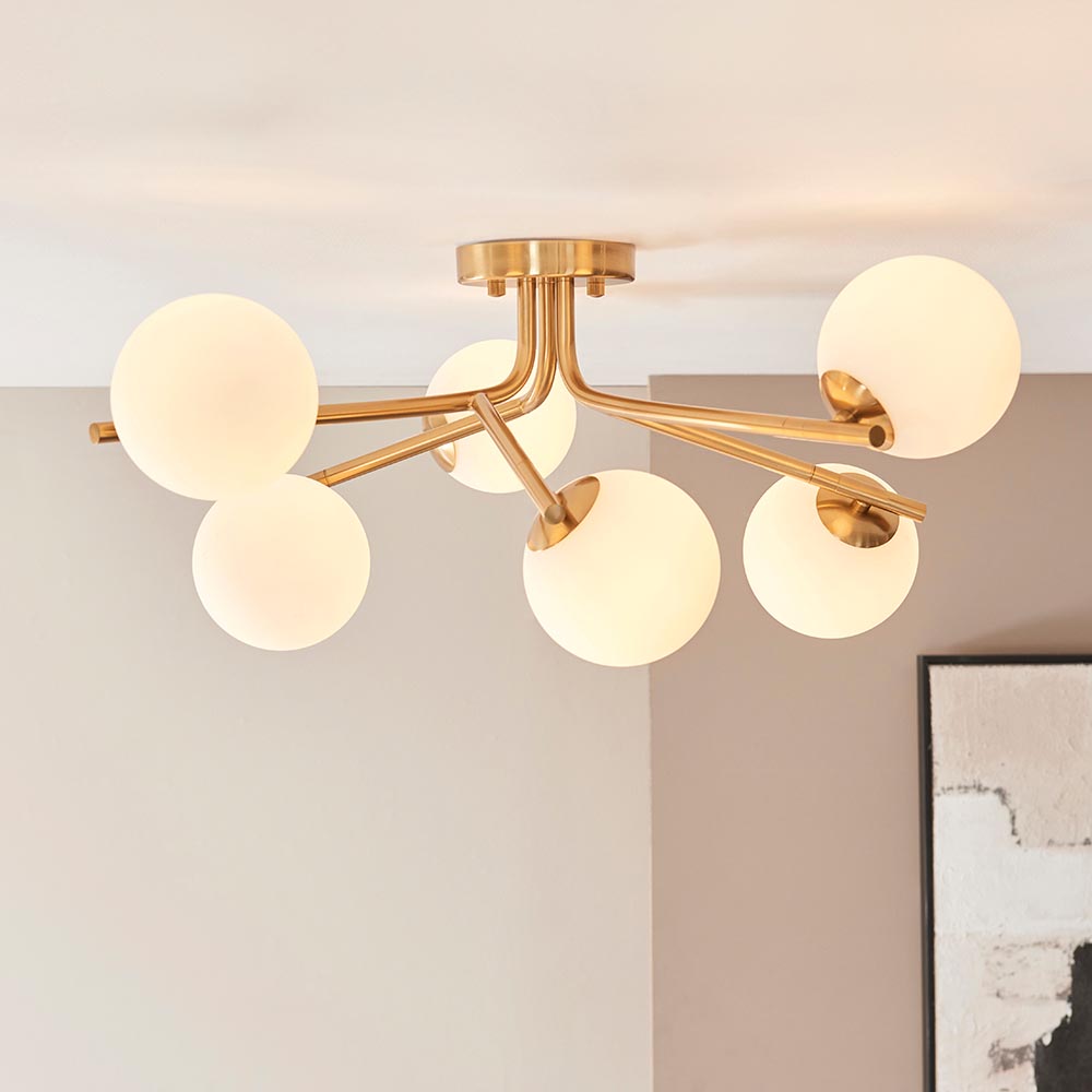 Aiken Glass 6 Light Pendent Ceiling Light In Brushed Aged Brass