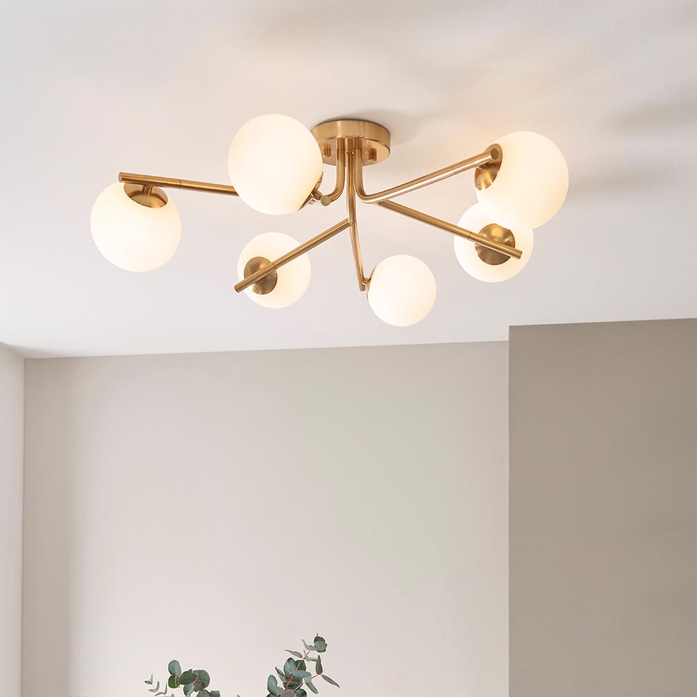 Aiken Glass 6 Light Pendent Ceiling Light In Brushed Aged Brass