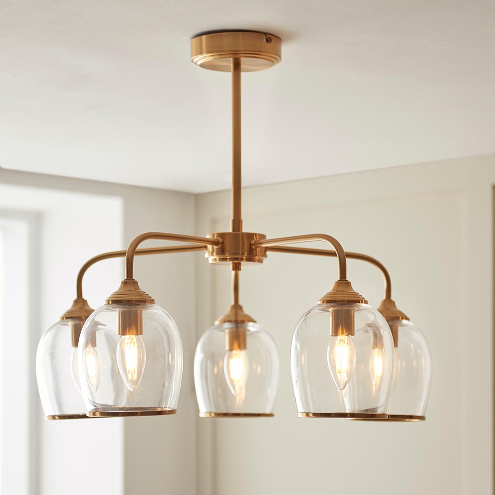 Aiken Glass Semi Flush Pendent Ceiling Light In Brushed Aged Brass