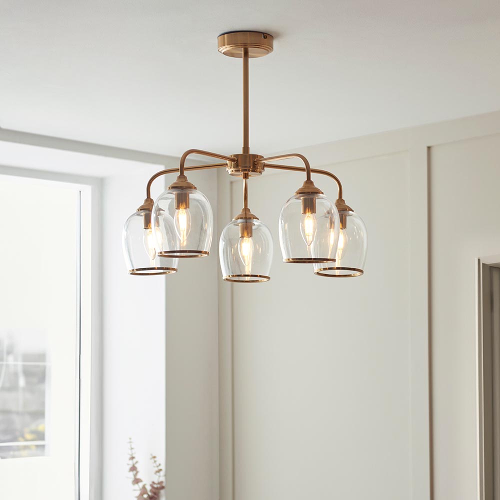 Aiken Glass Semi Flush Pendent Ceiling Light In Brushed Aged Brass