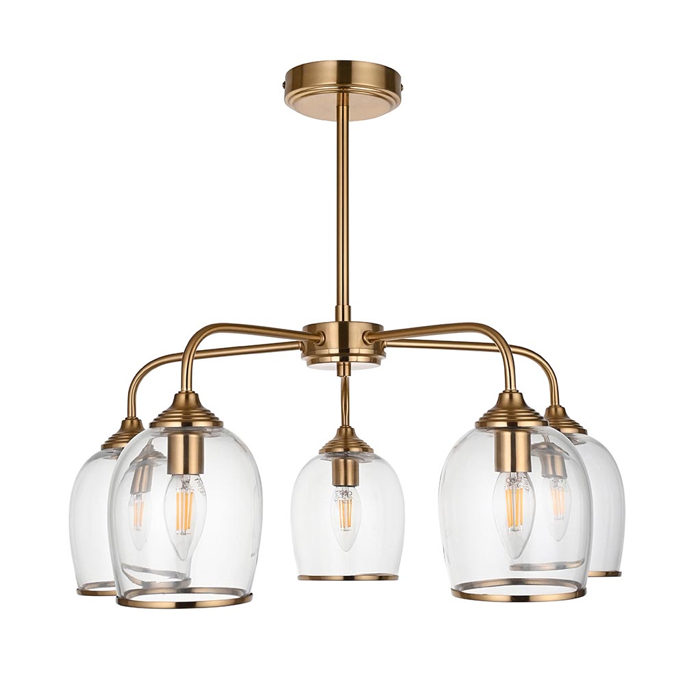Aiken Glass Semi Flush Pendent Ceiling Light In Brushed Aged Brass