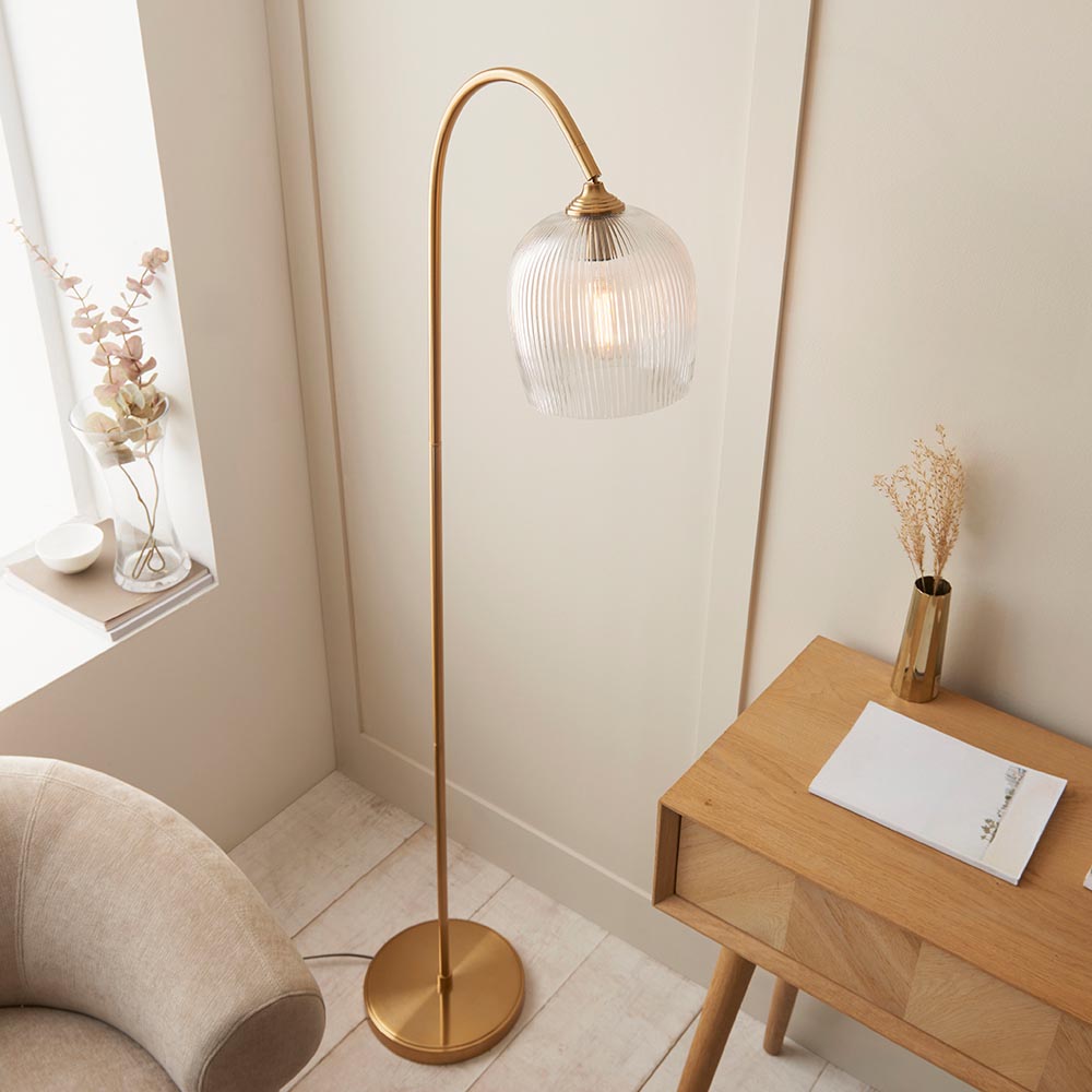 Aiken Ribbed Glass Floor Lamp In Brushed Aged Brass