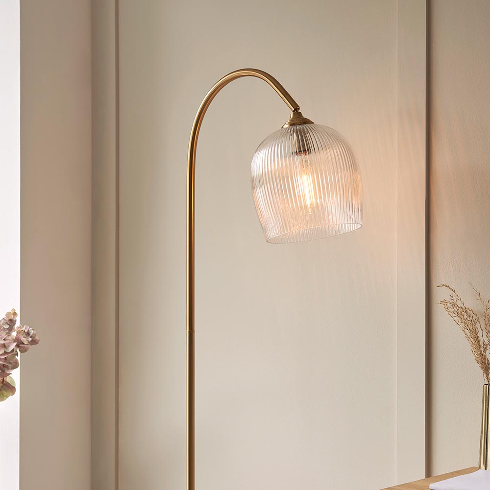 Aiken Ribbed Glass Floor Lamp In Brushed Aged Brass