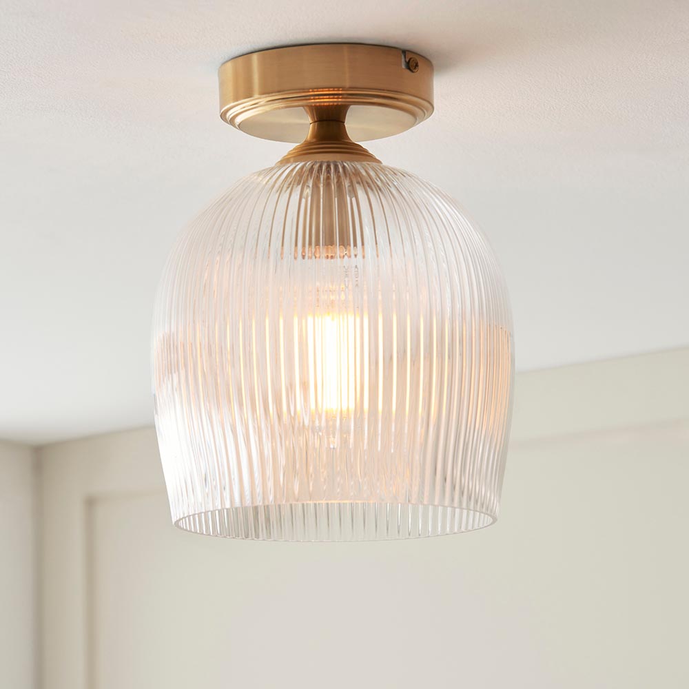 Aiken Ribbed Glass Flush Ceiling Light In Brushed Aged Brass
