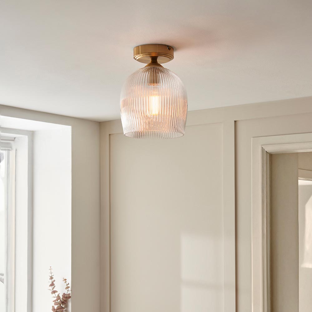 Aiken Ribbed Glass Flush Ceiling Light In Brushed Aged Brass