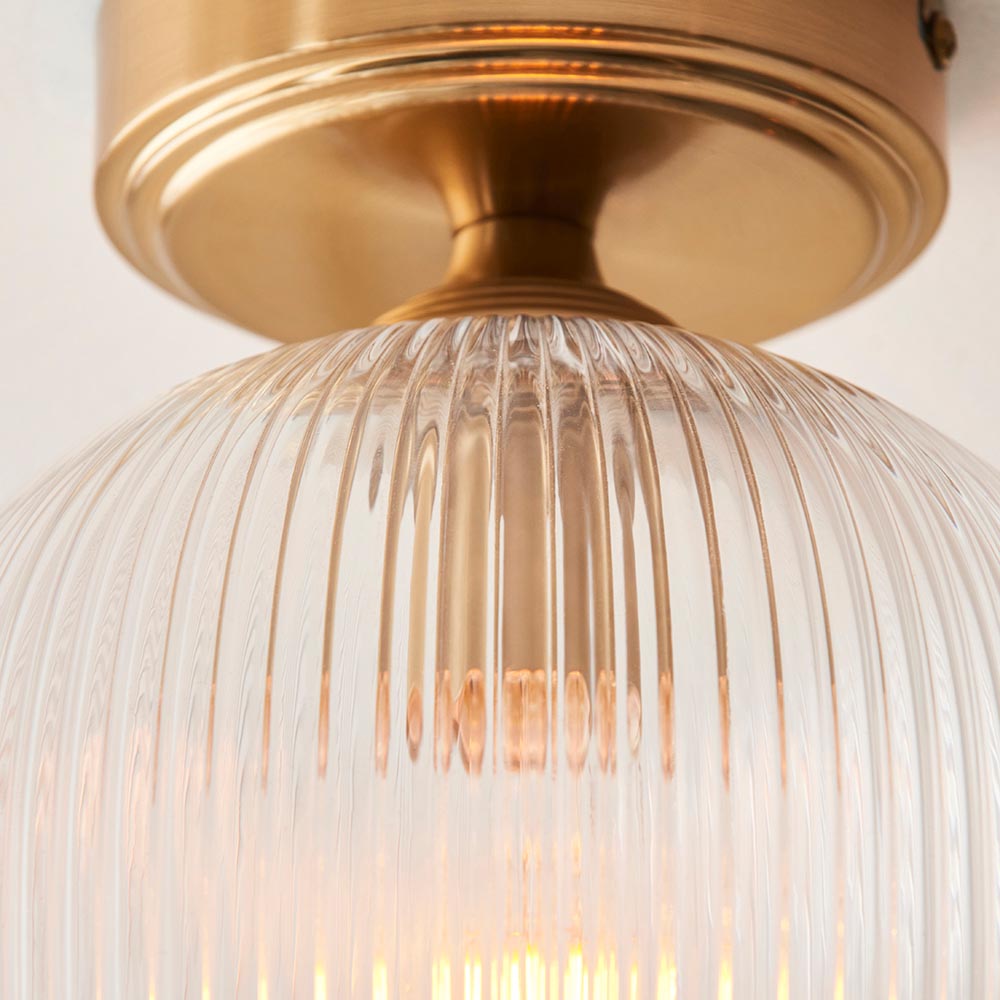 Aiken Ribbed Glass Flush Ceiling Light In Brushed Aged Brass